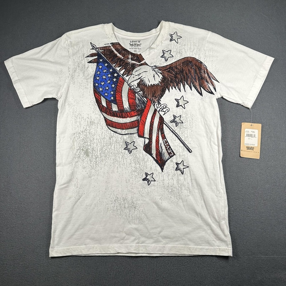Levis Shirt Boys Large White Eagle American Flag Graphic V Neck Short Sleeve NWT